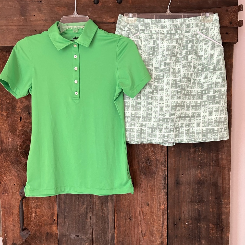 PETER MILLAR ELEMENT LADIES GOLF SET. XS Top 2 Skirt. Kelly Green Greek Key. $30